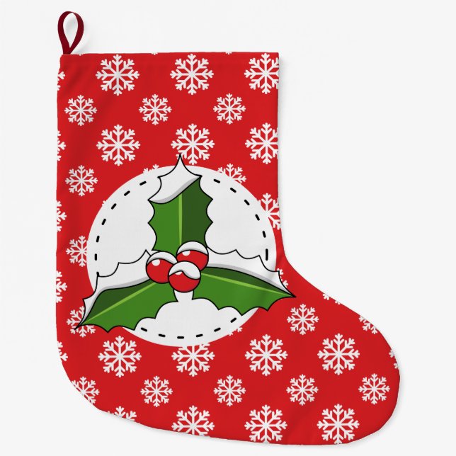 Holly Berry on Red White Snowflakes Pattern Large Christmas Stocking (Front)