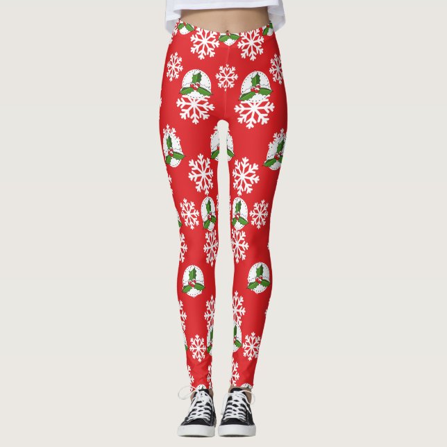 Holly Berry on Red White Snowflakes Pattern Leggings (Front)