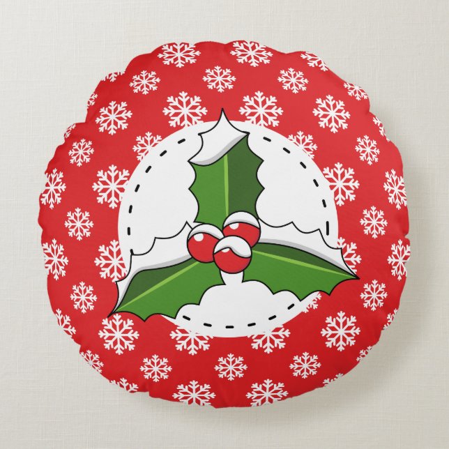 Holly Berry on Red White Snowflakes Pattern Round Cushion (Front)