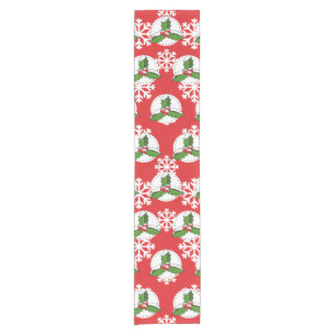 Holly Berry on Red White Snowflakes Pattern Short Table Runner