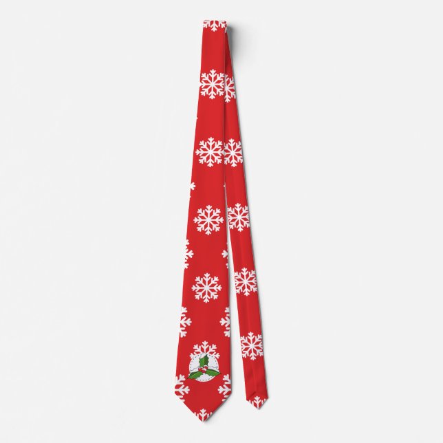 Holly Berry on Red White Snowflakes Pattern Tie (Front)