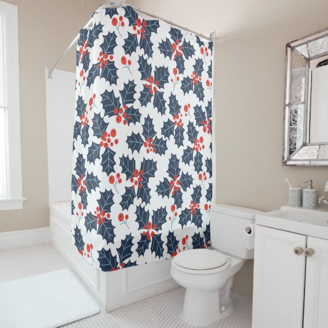 Holly berry on white shower curtain (In Situ)