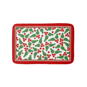 Holly berry pattern and red border Christmas Bath Mat