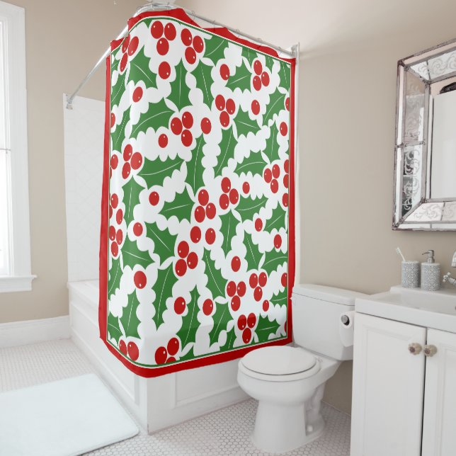 Holly berry pattern and red border Christmas Shower Curtain (In Situ)