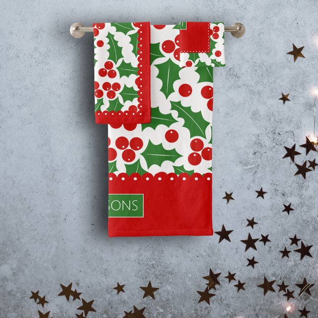 Holly berry pattern, scalloped borders Christmas Bath Towel Set (Creator Uploaded)