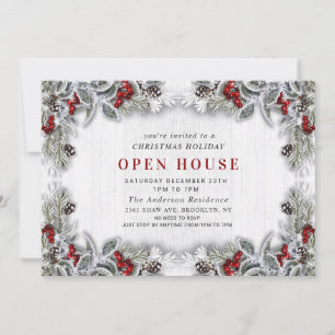 Holly Berry Pine Cones Christmas Open House Invitation