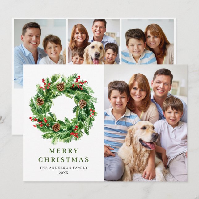 Holly Berry Pine Cones Christmas Wreath 4 PHOTO Holiday Card (Front/Back)