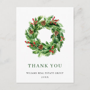 Holly Berry Pine Cones Christmas Wreath Thank You Postcard