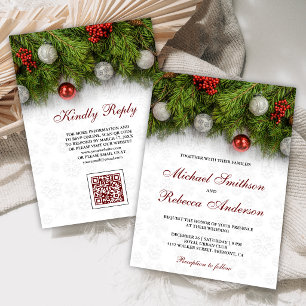 Holly Berry Pine Leaves Christmas QR Code Wedding Invitation