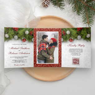 Holly Berry Pine Leaves Christmas QR Code Wedding Tri-Fold Invitation