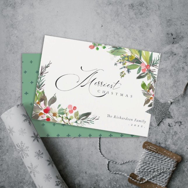 Holly Berry Pine Red Green Merriest Christmas Holiday Card (Creator Uploaded)