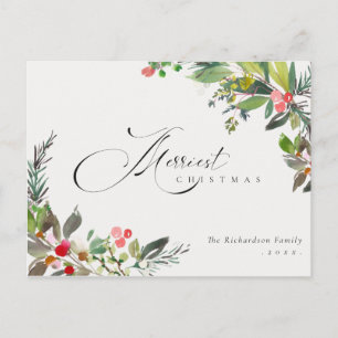 Holly Berry Pine Red Green Merriest Christmas Postcard