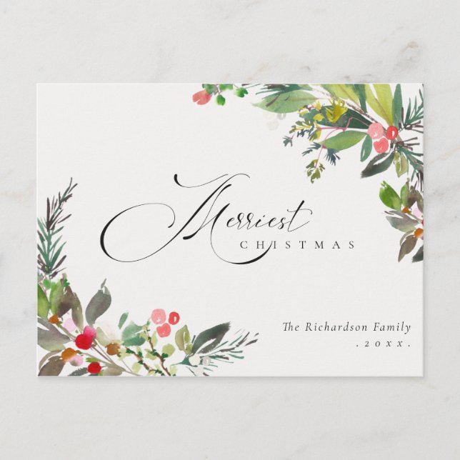 Holly Berry Pine Red Green Merriest Christmas Postcard (Front)