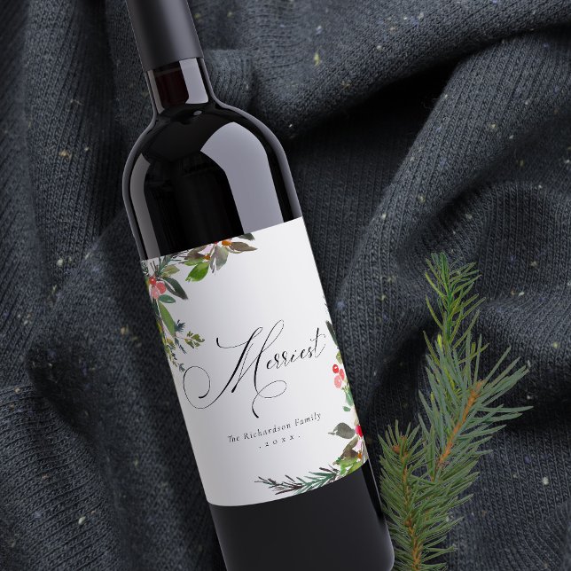 Holly Berry Pine Red Green Merriest Christmas Wine Label (Creator Uploaded)