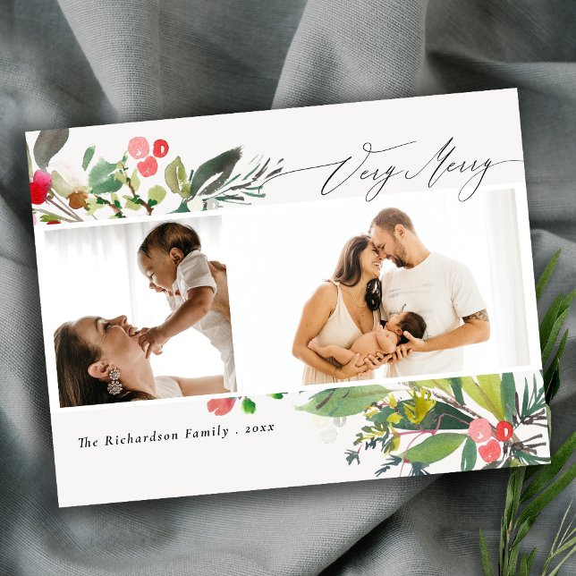 Holly Berry Pine Very Merry Christmas 2 Photo Postcard (Creator Uploaded)