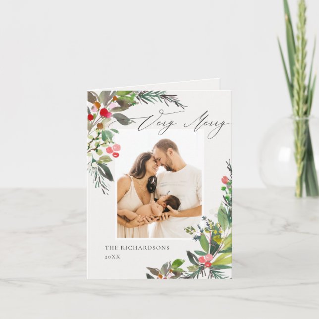 Holly Berry Pine Very Merry Christmas Photo Frame Holiday Card (Front)