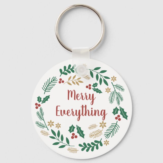 Holly Berry Pine Wreath Merry Everything Holiday C Key Ring (Front)
