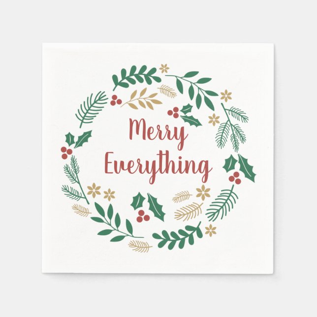 Holly Berry Pine Wreath Merry Everything Holiday  Napkin (Front)