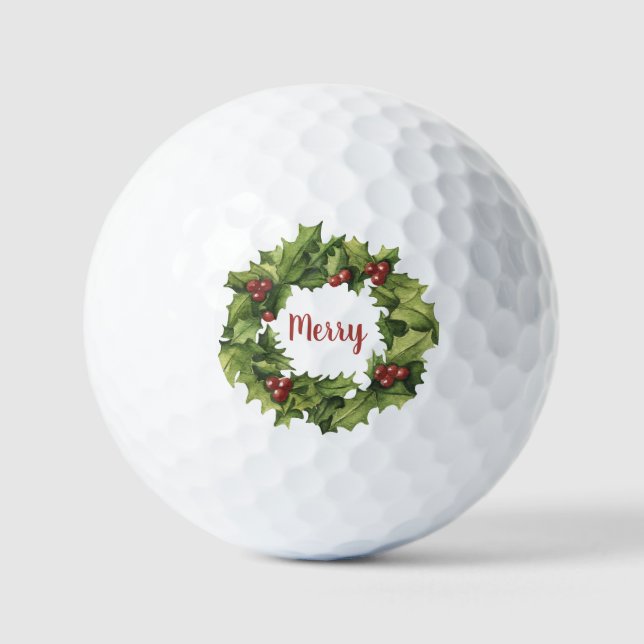 Holly Berry Pine Wreath Merry  Holiday  Golf Balls (Front)