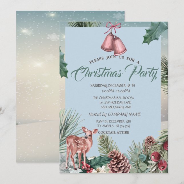 Holly Berry Pinecones,Deer Company Christmas Party Invitation (Front/Back)