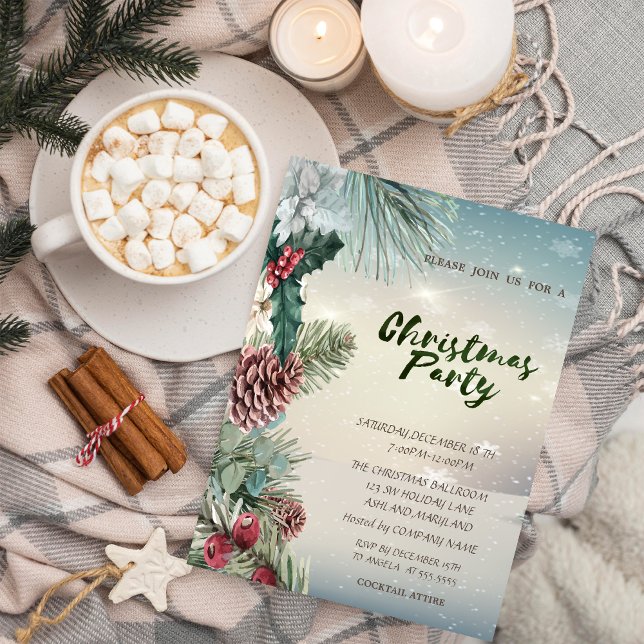 Holly Berry Pinecones Snow Company Christmas Party Invitation (Creator Uploaded)