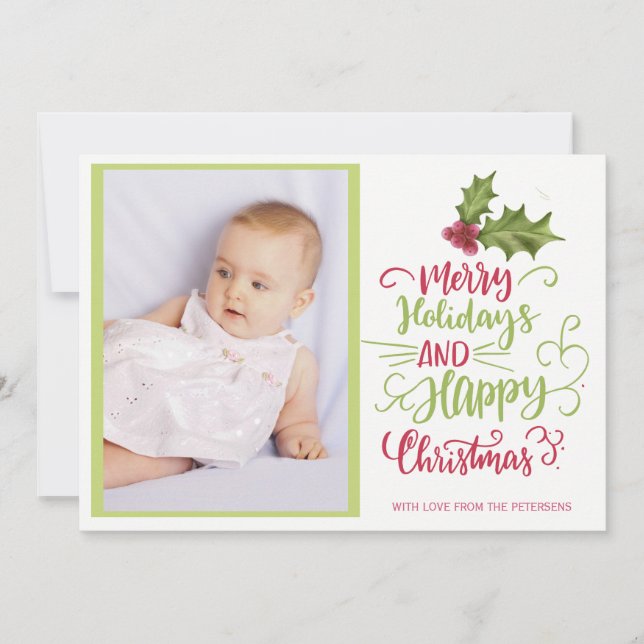 Holly berry pink green Merry Christmas photo Holiday Card (Front)