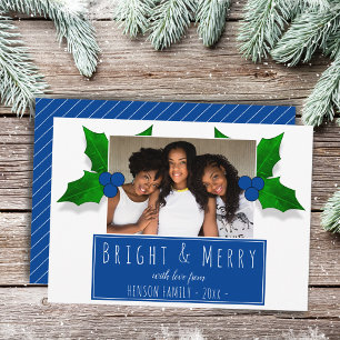 Holly Berry Plant Leaves Blue Photo Holiday Card