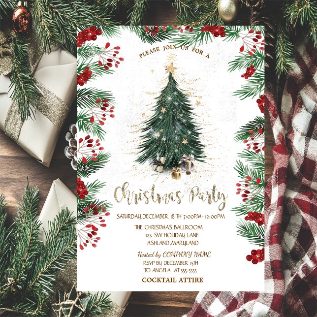  Holly Berry  Poinsettia Christmas Tree Stars Invitation (Creator Uploaded)