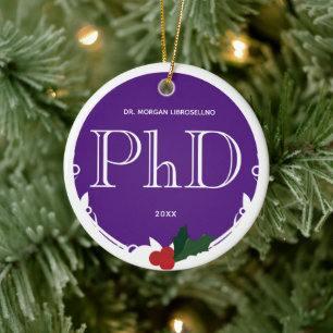 Holly Berry Purple White PhD Graduation Name Year Ceramic Tree Decoration