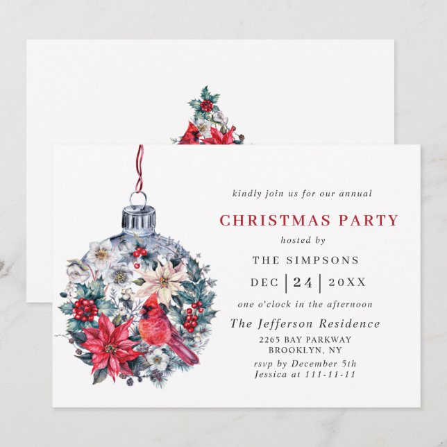 Holly Berry Red Cardinal Christmas Holiday Party Invitation (Front/Back)