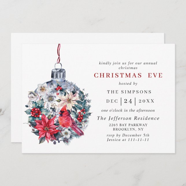 Holly Berry Red Cardinal Vintage CHRISTMAS EVE Invitation (Front/Back)