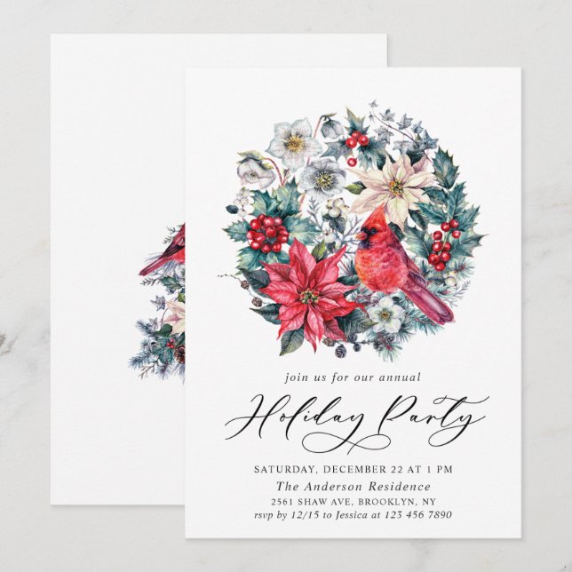 Holly Berry Red Cardinal Vintage Holiday Party Invitation (Front/Back)