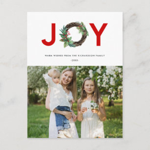 HOLLY BERRY RED GREEN JOY WREATH CHRISTMAS PHOTO POSTCARD