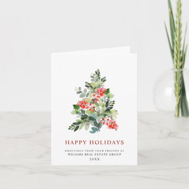 Holly Berry Tree Christmas Corporate Greeting Holiday Card (Front)