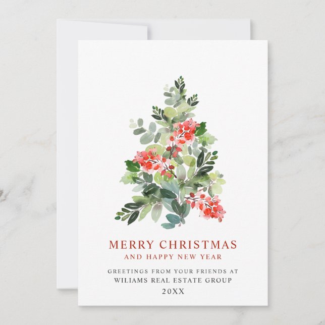 Holly Berry Tree Christmas Corporate Greeting Holiday Card (Front)