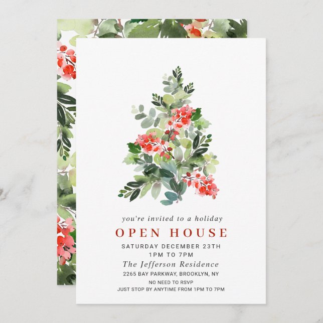 Holly Berry Tree CHRISTMAS HOLIDAY OPEN HOUSE Invitation (Front/Back)