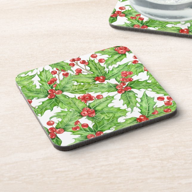 Holly berry watercolor Christmas pattern Coaster (Left Side)