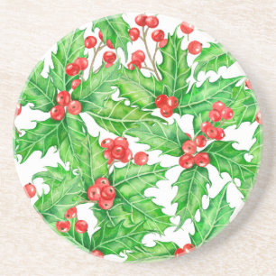 Holly berry watercolor Christmas pattern Coaster