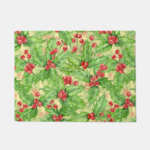 Holly berry watercolor Christmas pattern Doormat