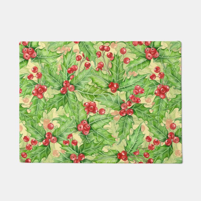 Holly berry watercolor Christmas pattern Doormat (Front)