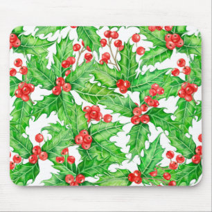 Holly berry watercolor Christmas pattern Mouse Pad
