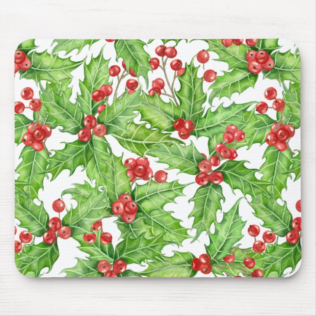 Holly berry watercolor Christmas pattern Mouse Pad (Front)