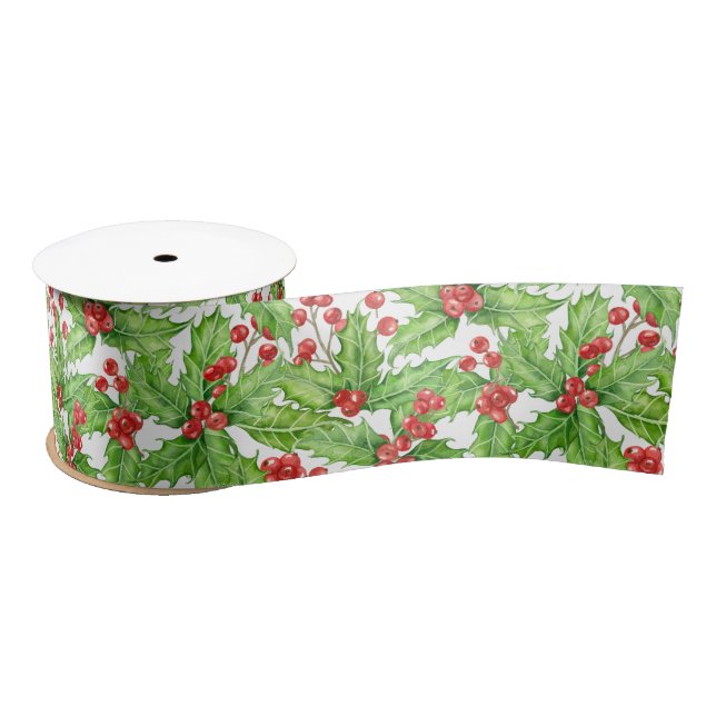 Holly berry watercolor Christmas pattern Satin Ribbon (Spool)