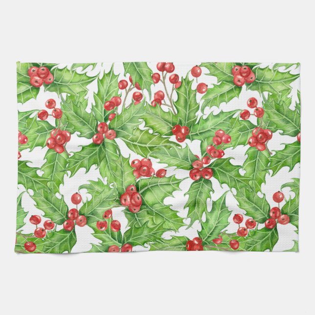 Holly berry watercolor Christmas pattern Tea Towel (Horizontal)