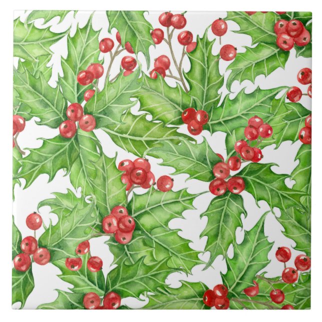 Holly berry watercolor Christmas pattern Tile (Front)