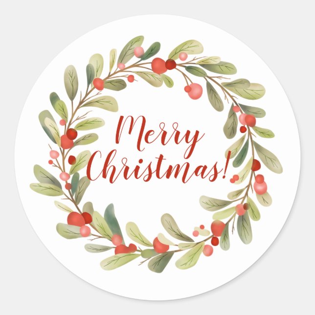 Holly Berry Watercolor Christmas Wreath Classic Round Sticker (Front)