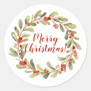 Holly Berry Watercolor Christmas Wreath Classic Round Sticker