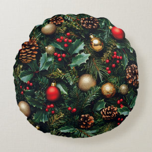 Holly Berry Winter Wonderland Round Cushion