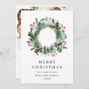 Holly Berry Wreath Christmas Greeting 3 Photo Holiday Card