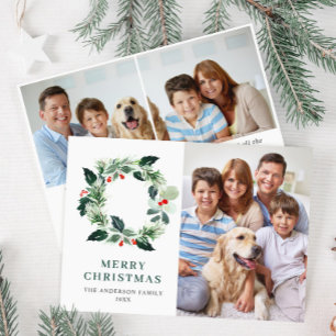 Holly Berry Wreath Christmas Greeting 3 PHOTO Holiday Card